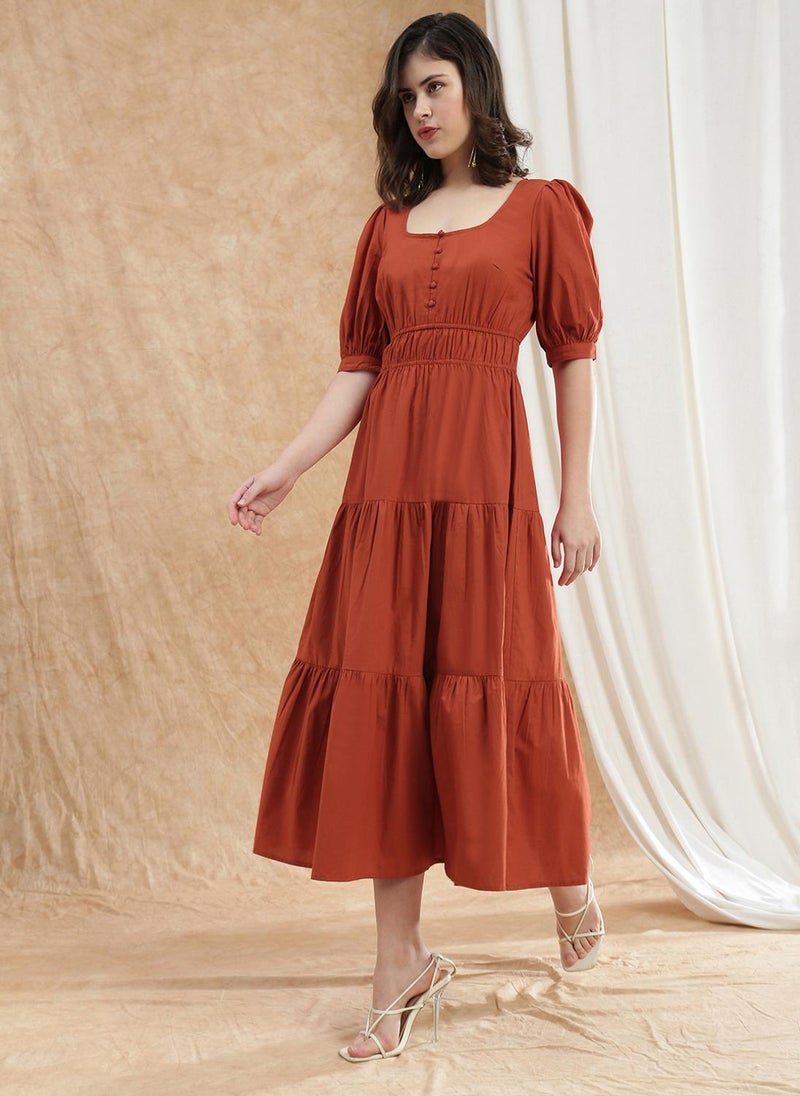 Globus Women Rust Square Neck Puff Sleeves Solid Gathered Tiered Fit & Flare Maxi Dress - Image 3